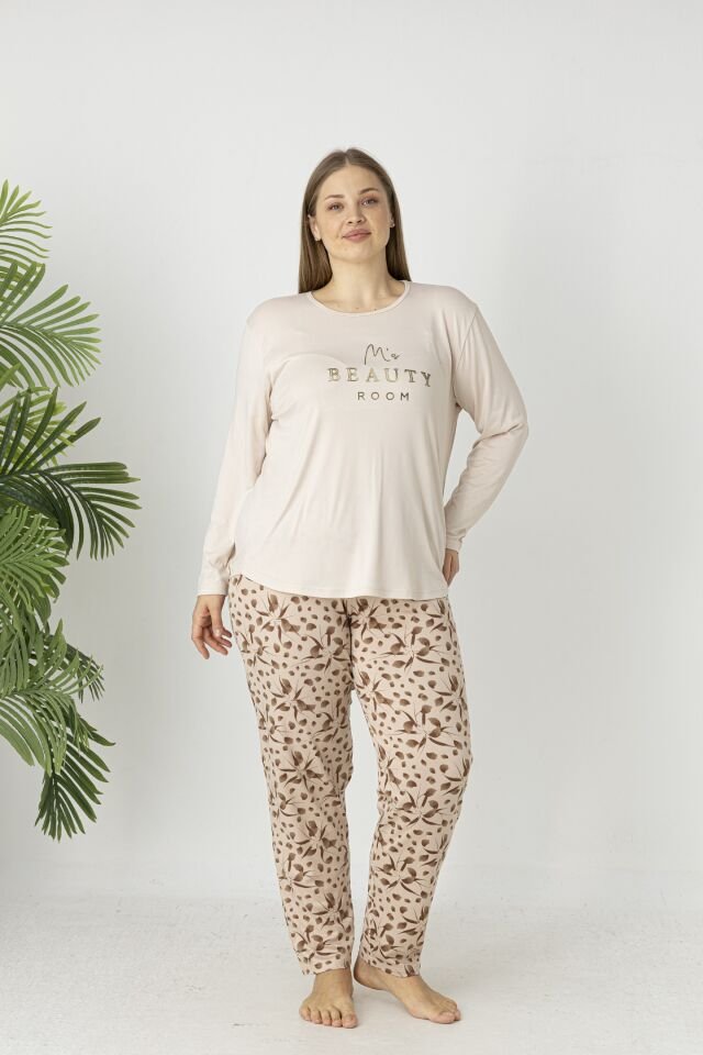 Estiva Kadın Flora Alt Desenli Soft Uzun Kollu Battal Pijama Takımı 5XL - Bej