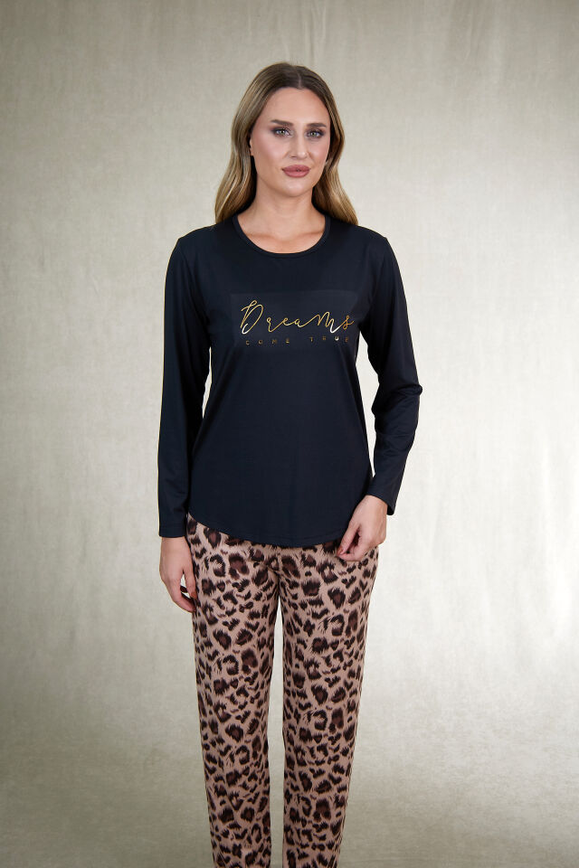 Estiva Kadın Kaplan Alt Desenli Soft Uzun Kollu Pijama Takımı