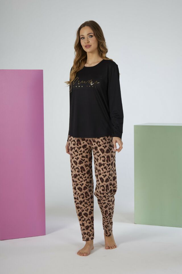 Estiva Kadın Kaplan Alt Desenli Soft Uzun Kollu Pijama Takımı