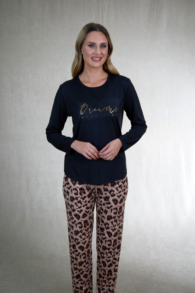 Estiva Kadın Kaplan Alt Desenli Soft Uzun Kollu Pijama Takımı