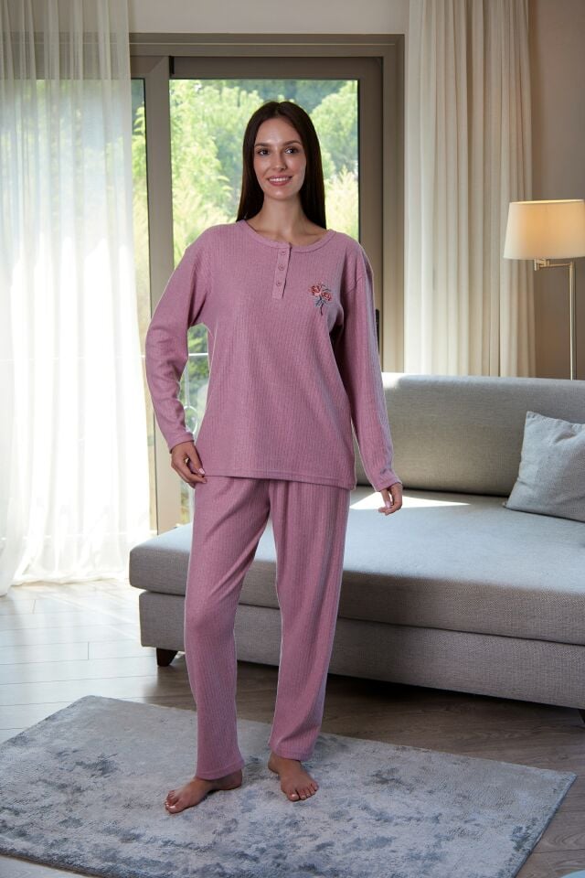 Estiva Kadın Nakış İşlemeli Patlı İnterlok Şardonlu Pijama Takımı L - Pudra