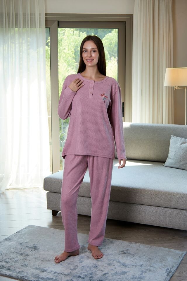 Estiva Kadın Nakış İşlemeli Patlı İnterlok Şardonlu Pijama Takımı L - Pudra