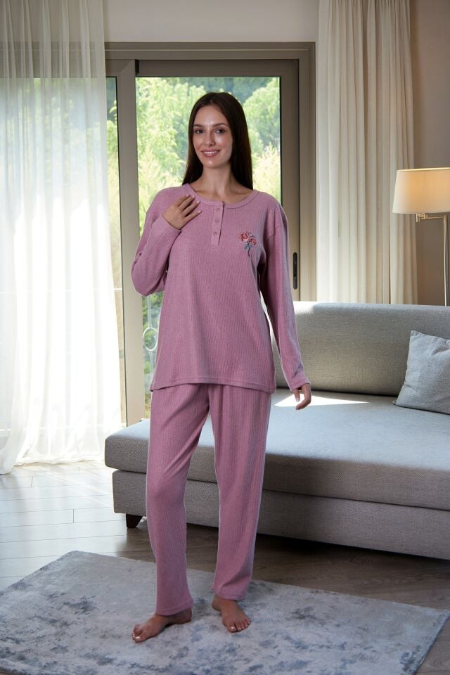 Estiva Kadın Nakış İşlemeli Patlı İnterlok Şardonlu Pijama Takımı L - Pudra