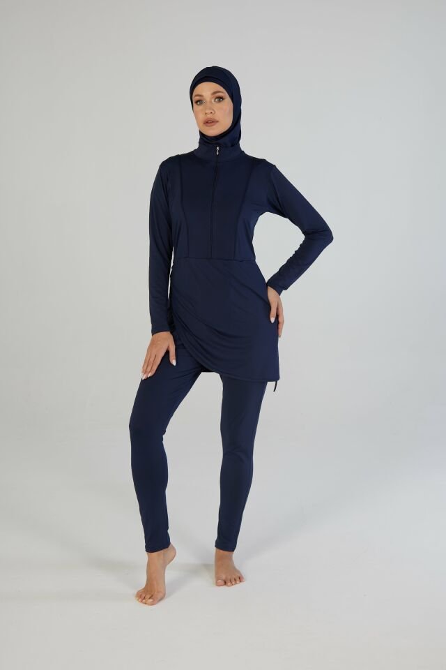 Estiva Tam Kapalı Uzun Kollu Yarım Fermuarlı Etekli Uzun Taytlı Tesettür Mayo