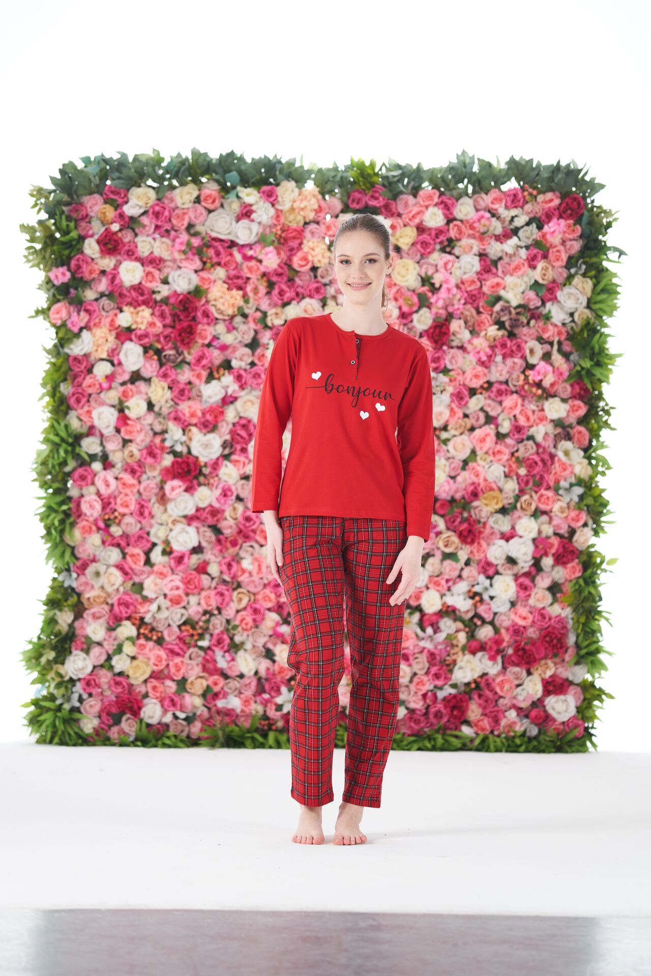 Kadın Yazlık Kareli Kısa Kollu Penye Lycra Pijama Takımı