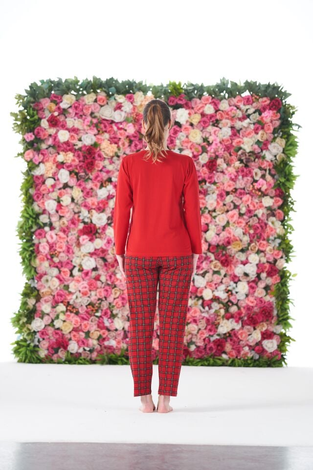 Kadın Yazlık Kareli Kısa Kollu Penye Lycra Pijama Takımı