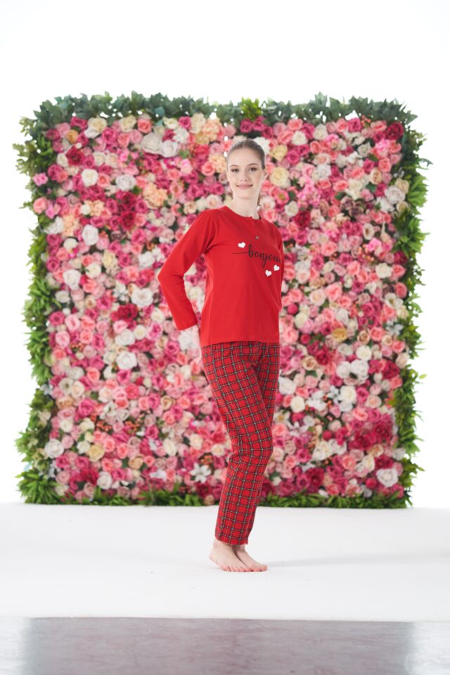 Kadın Yazlık Kareli Kısa Kollu Penye Lycra Pijama Takımı