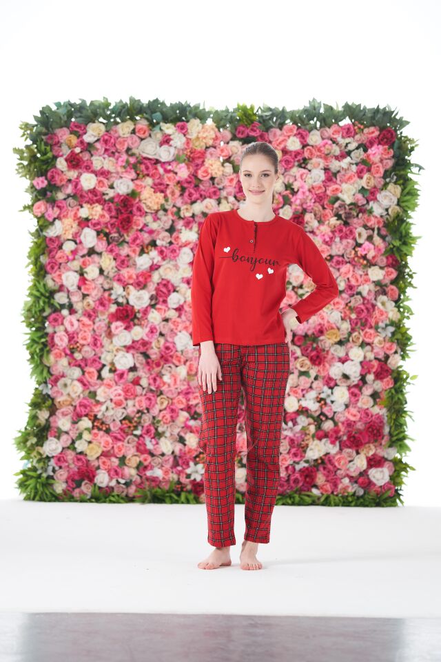 Kadın Yazlık Kareli Kısa Kollu Penye Lycra Pijama Takımı