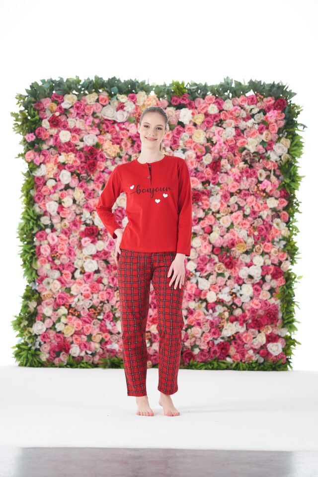 Kadın Yazlık Kareli Kısa Kollu Penye Lycra Pijama Takımı