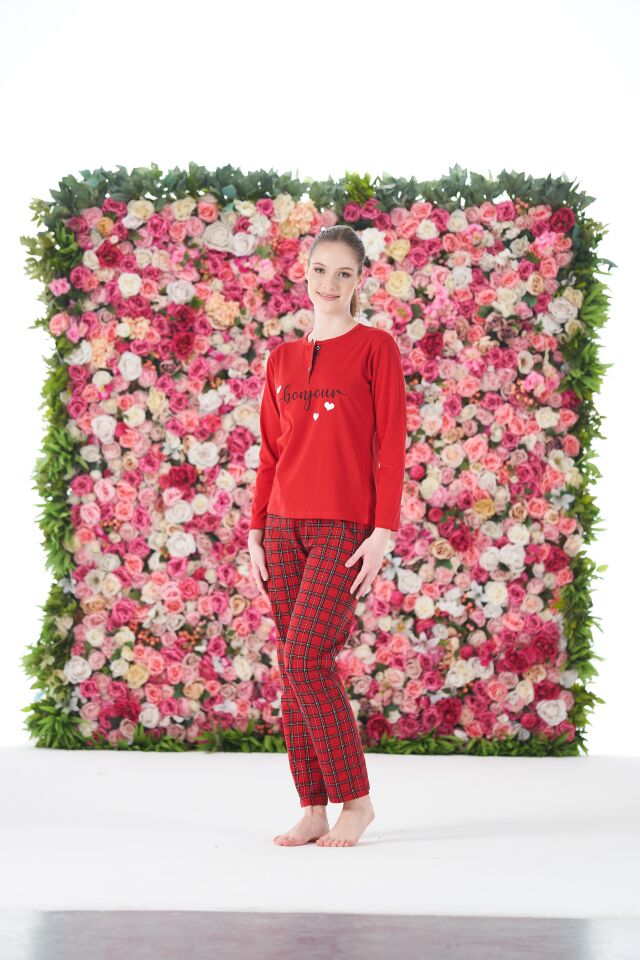 Kadın Yazlık Kareli Kısa Kollu Penye Lycra Pijama Takımı