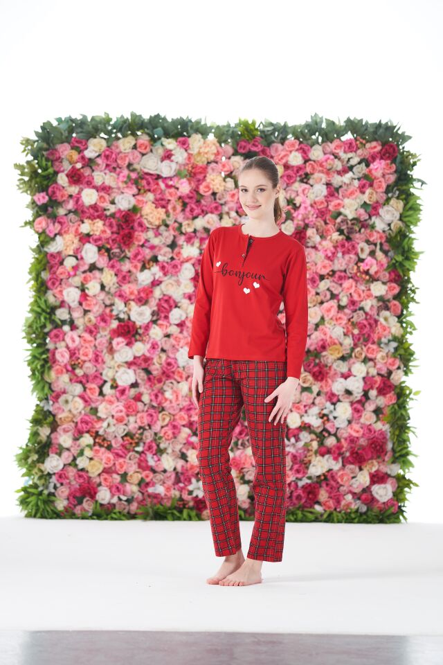 Kadın Yazlık Kareli Kısa Kollu Penye Lycra Pijama Takımı