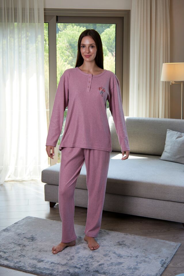 Estiva Kadın Nakış İşlemeli Patlı İnterlok Şardonlu Pijama Takımı 3XL - Pudra