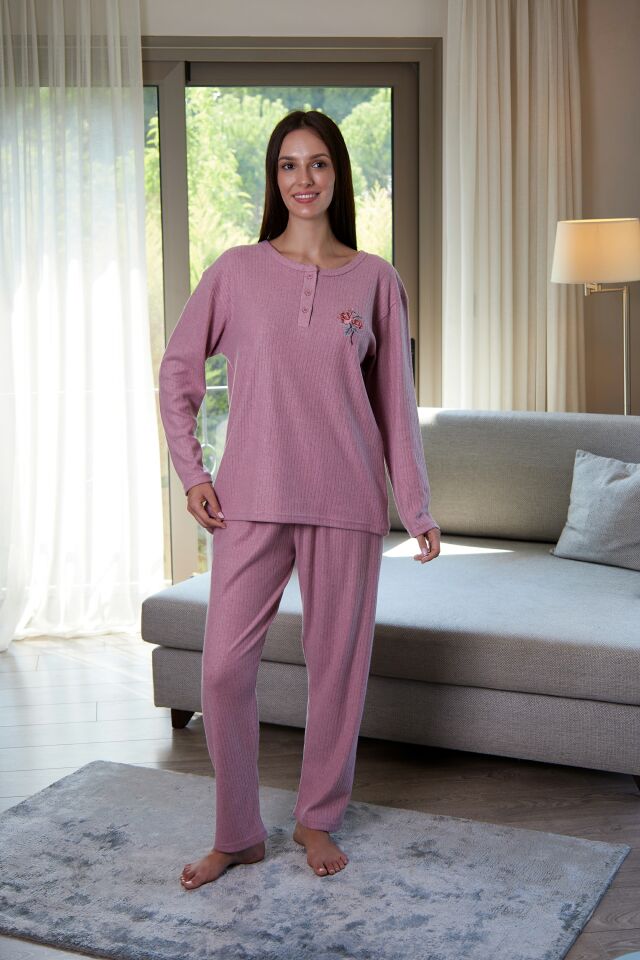 Estiva Kadın Nakış İşlemeli Patlı İnterlok Şardonlu Pijama Takımı 3XL - Pudra