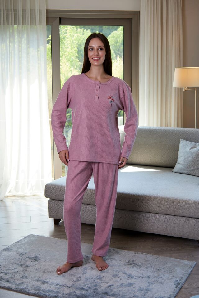 Estiva Kadın Nakış İşlemeli Patlı İnterlok Şardonlu Pijama Takımı 3XL - Pudra