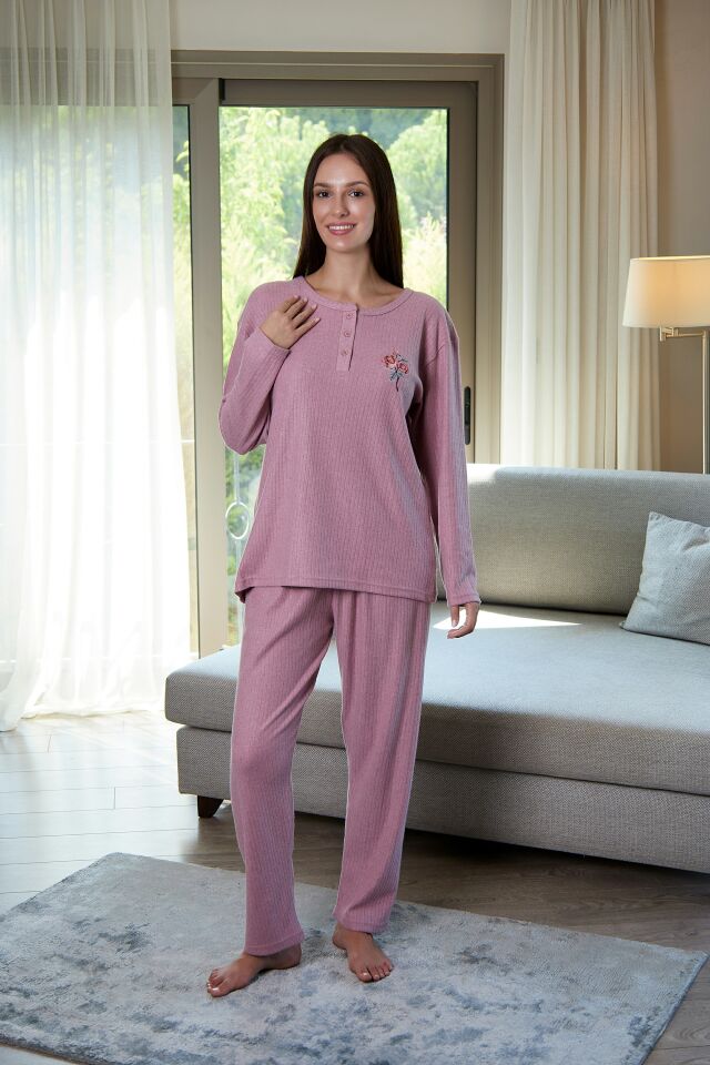Estiva Kadın Nakış İşlemeli Patlı İnterlok Şardonlu Pijama Takımı 3XL - Pudra