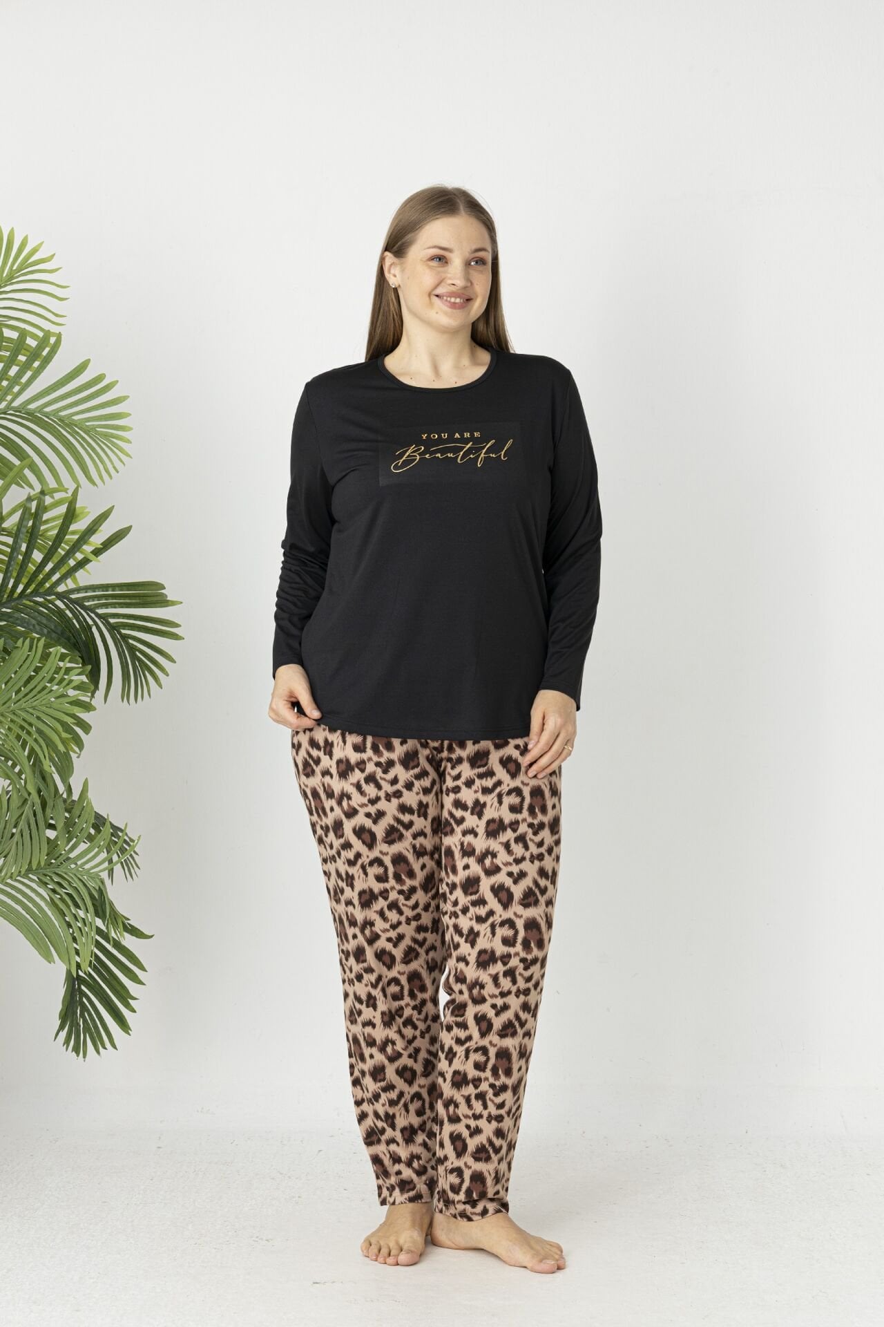 Estiva Kadın Kaplan Alt Desenli Soft Uzun Kollu Battal Pijama Takımı