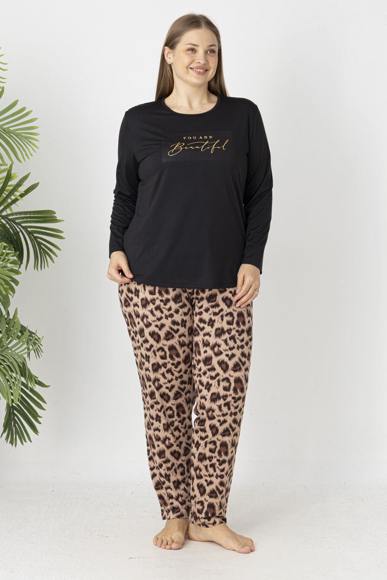 Estiva Kadın Kaplan Alt Desenli Soft Uzun Kollu Battal Pijama Takımı