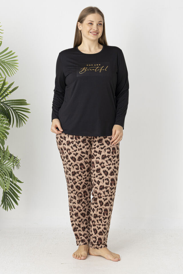 Estiva Kadın Kaplan Alt Desenli Soft Uzun Kollu Battal Pijama Takımı