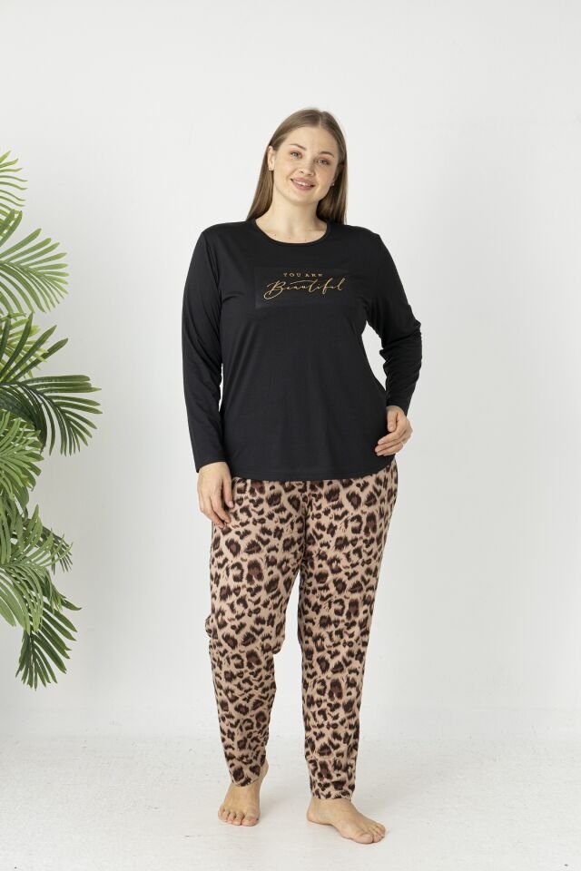 Estiva Kadın Kaplan Alt Desenli Soft Uzun Kollu Battal Pijama Takımı