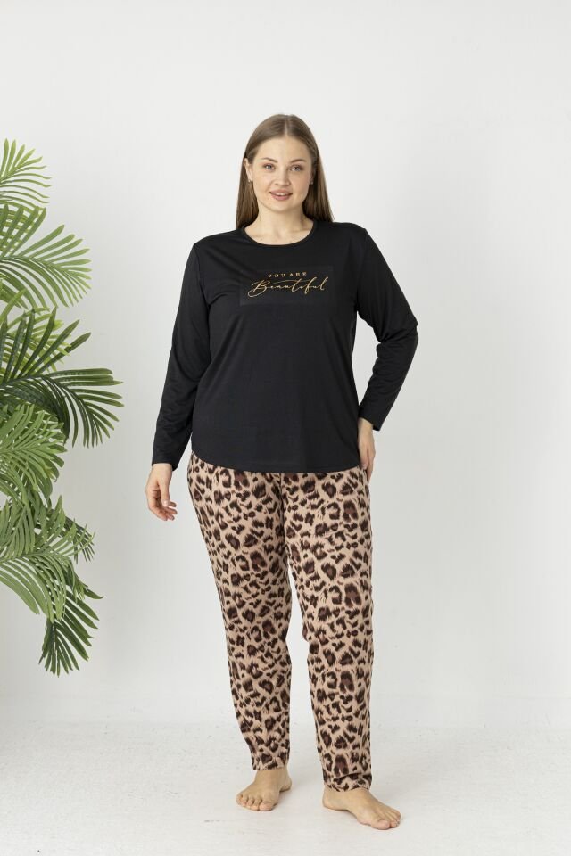 Estiva Kadın Kaplan Alt Desenli Soft Uzun Kollu Battal Pijama Takımı