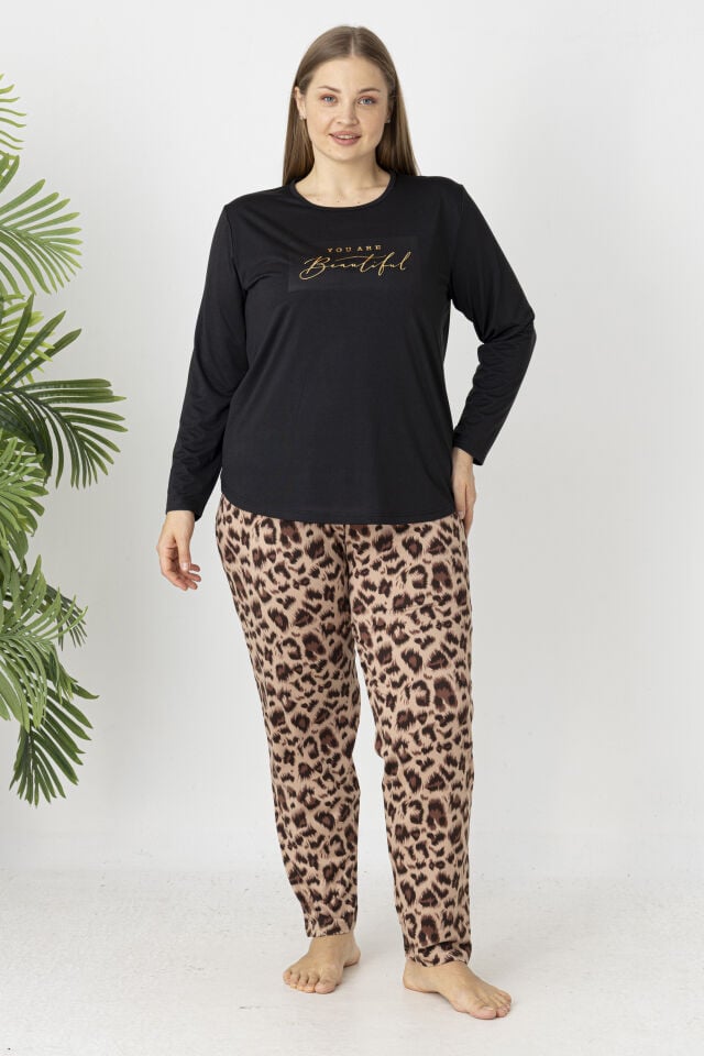Estiva Kadın Kaplan Alt Desenli Soft Uzun Kollu Battal Pijama Takımı