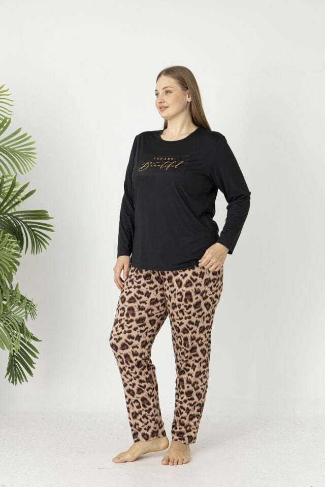 Estiva Kadın Kaplan Alt Desenli Soft Uzun Kollu Battal Pijama Takımı