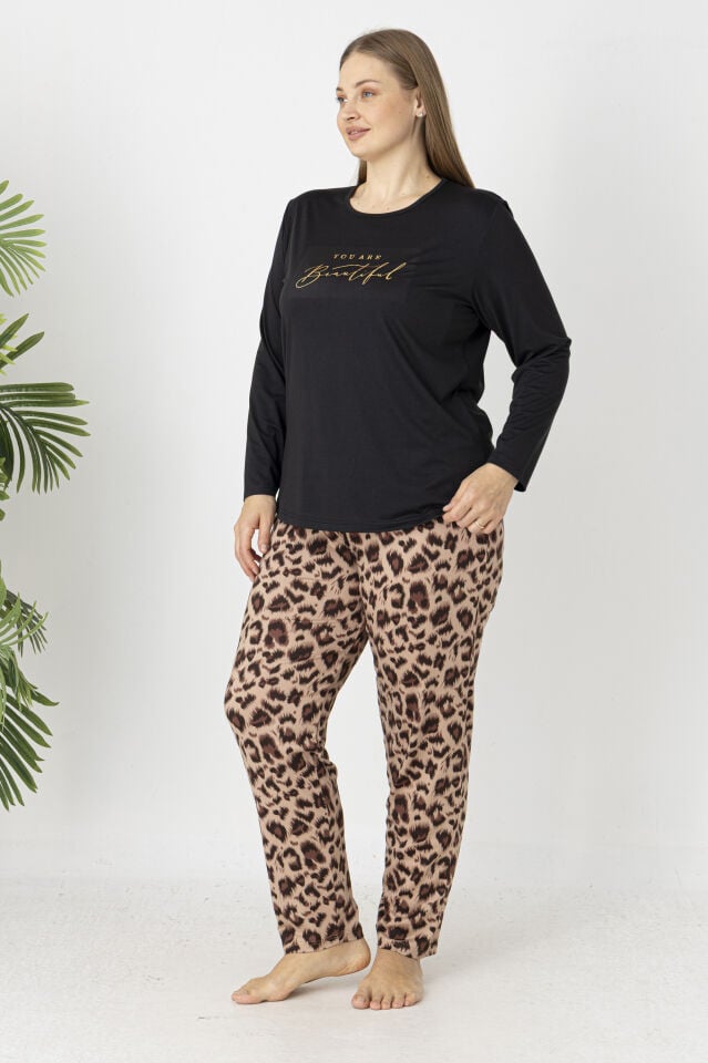 Estiva Kadın Kaplan Alt Desenli Soft Uzun Kollu Battal Pijama Takımı