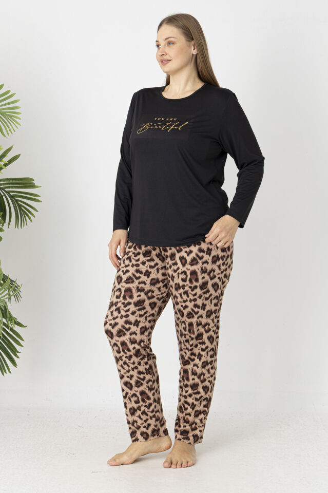 Estiva Kadın Kaplan Alt Desenli Soft Uzun Kollu Battal Pijama Takımı
