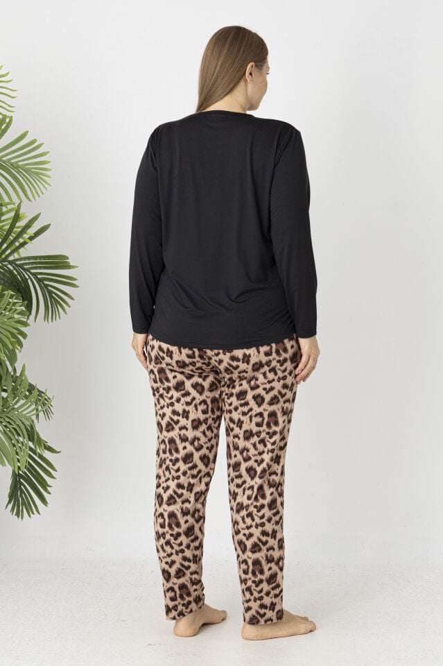 Estiva Kadın Kaplan Alt Desenli Soft Uzun Kollu Battal Pijama Takımı