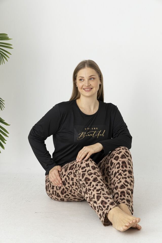 Estiva Kadın Kaplan Alt Desenli Soft Uzun Kollu Battal Pijama Takımı