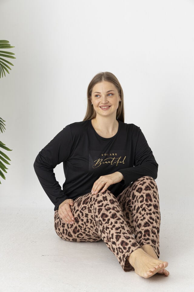Estiva Kadın Kaplan Alt Desenli Soft Uzun Kollu Battal Pijama Takımı