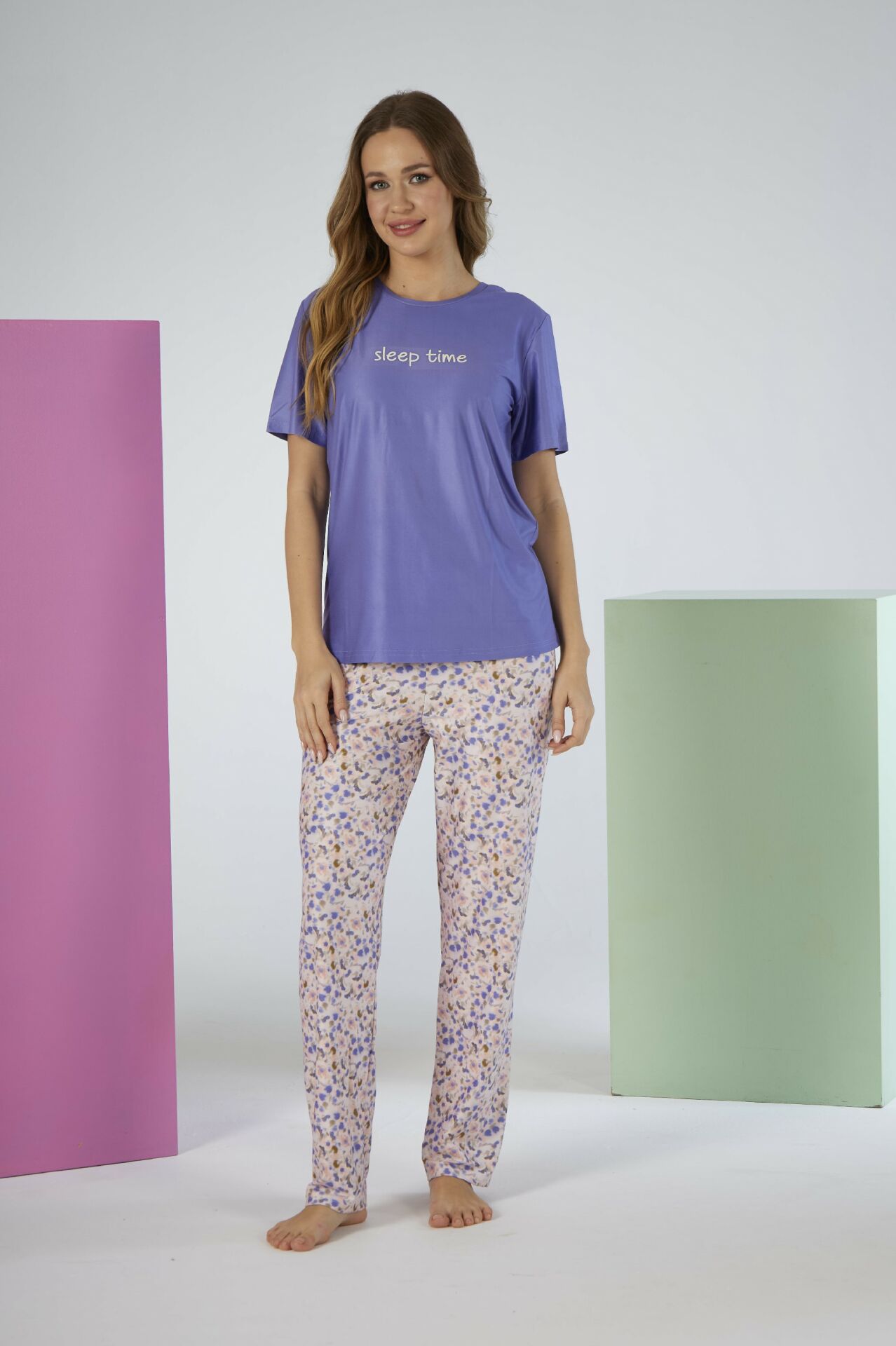 Kadın Yazlık Desenli Kısa Kollu Marla Pijama Takımı - Lila