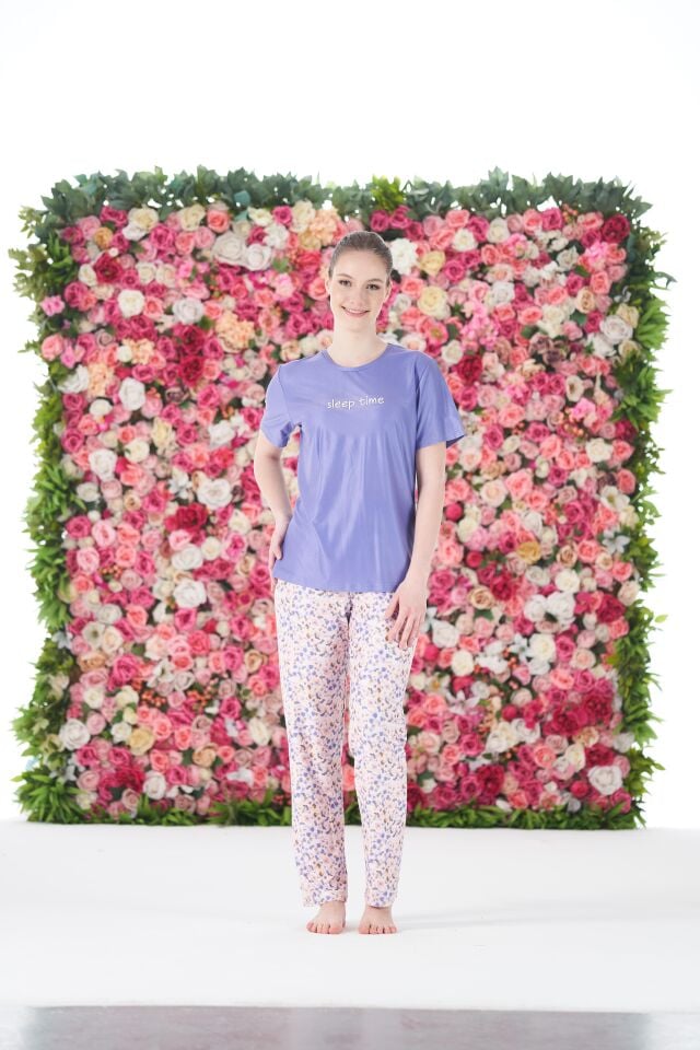 Kadın Yazlık Desenli Kısa Kollu Marla Pijama Takımı - Lila