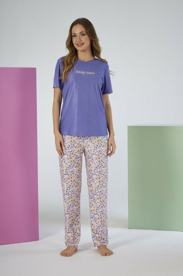 Kadın Yazlık Desenli Kısa Kollu Marla Pijama Takımı - Lila