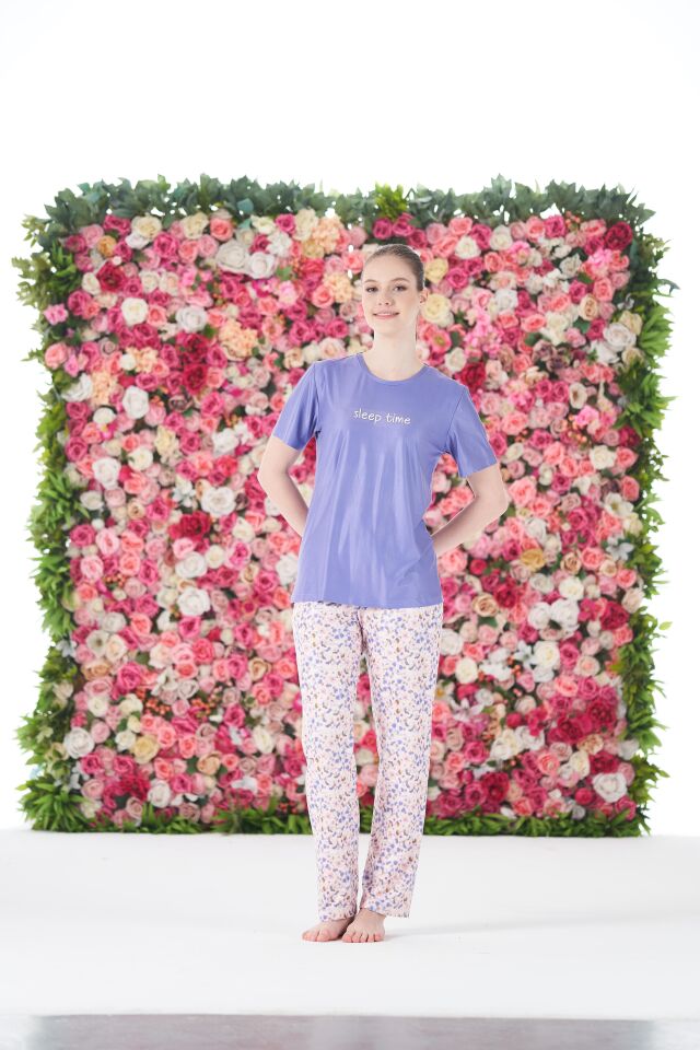 Kadın Yazlık Desenli Kısa Kollu Marla Pijama Takımı - Lila