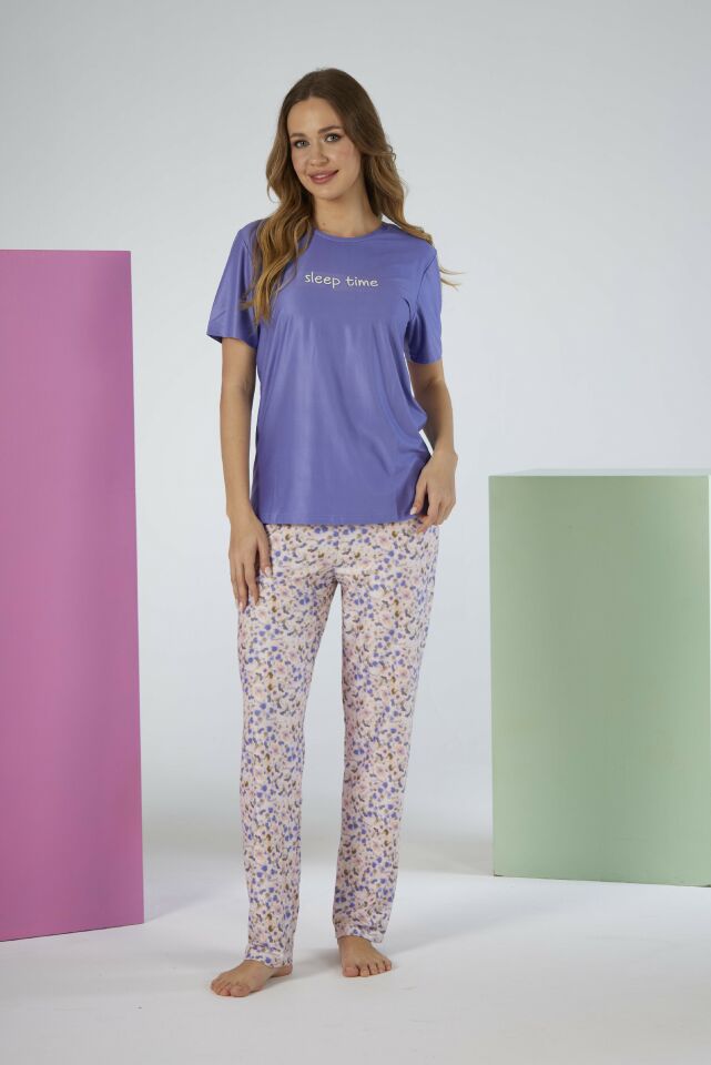 Kadın Yazlık Desenli Kısa Kollu Marla Pijama Takımı - Lila