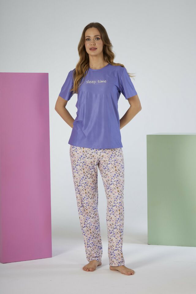 Kadın Yazlık Desenli Kısa Kollu Marla Pijama Takımı - Lila