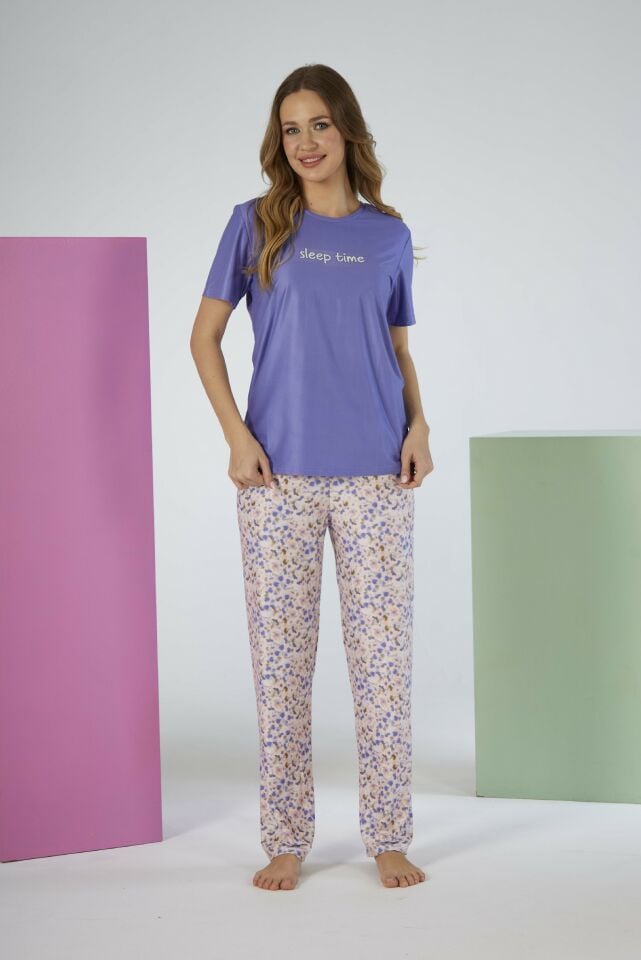 Kadın Yazlık Desenli Kısa Kollu Marla Pijama Takımı - Lila