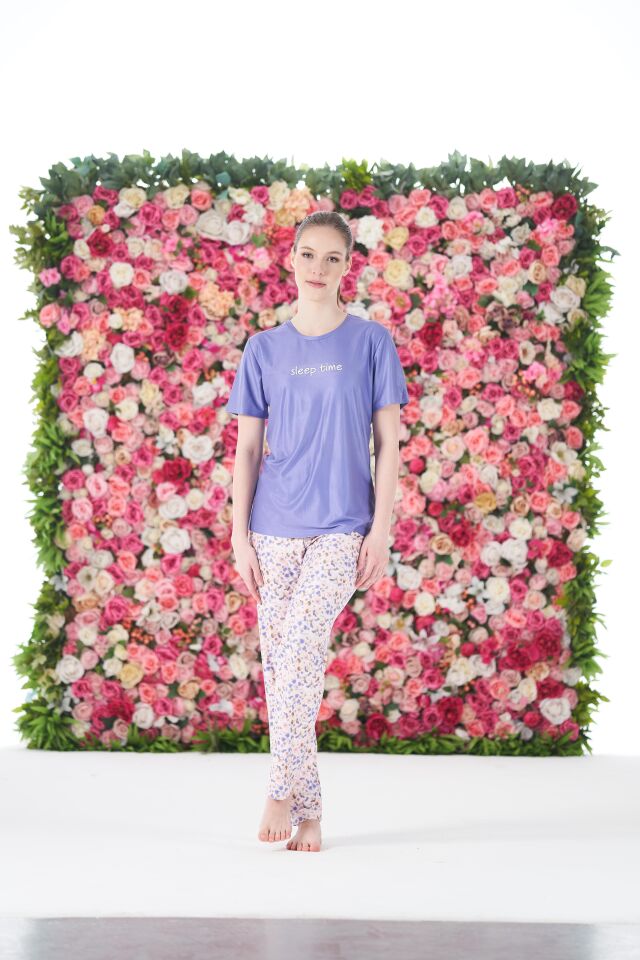 Kadın Yazlık Desenli Kısa Kollu Marla Pijama Takımı - Lila