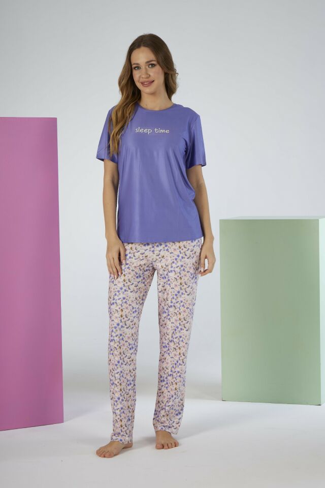 Kadın Yazlık Desenli Kısa Kollu Marla Pijama Takımı - Lila