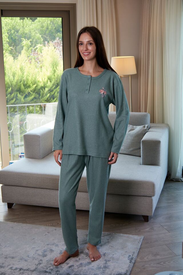 Estiva Kadın Nakış İşlemeli Patlı İnterlok Şardonlu Pijama Takımı 3XL - Yeşil