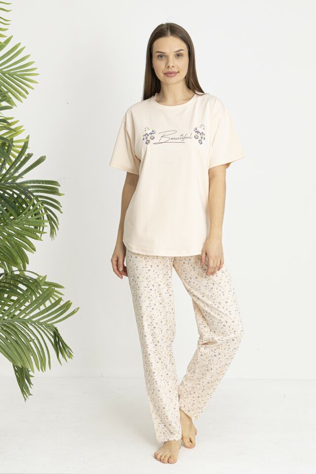 Estiva Kadın Flora Alt Desenli Somon Penye Lycra Kısa Kollu Pijama Takımı