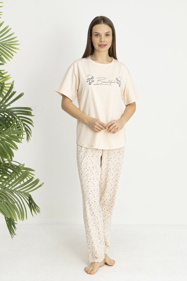 Estiva Kadın Flora Alt Desenli Somon Penye Lycra Kısa Kollu Pijama Takımı