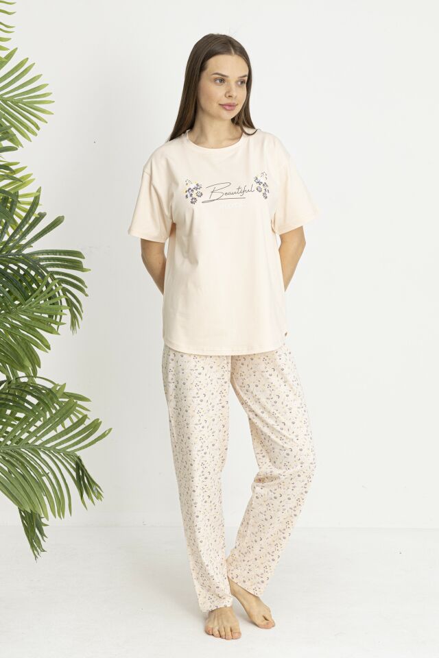 Estiva Kadın Flora Alt Desenli Somon Penye Lycra Kısa Kollu Pijama Takımı