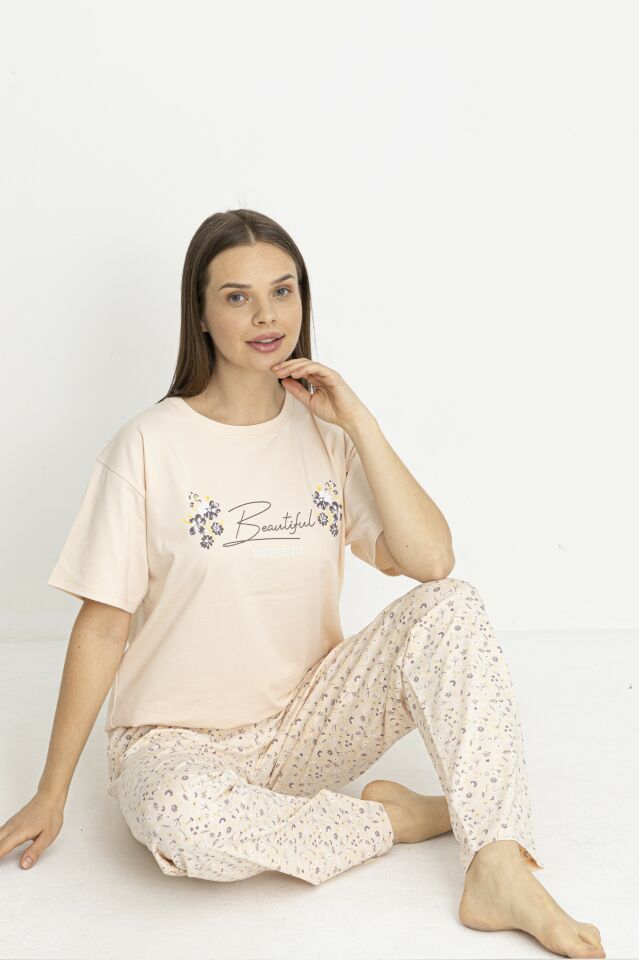 Estiva Kadın Flora Alt Desenli Somon Penye Lycra Kısa Kollu Pijama Takımı