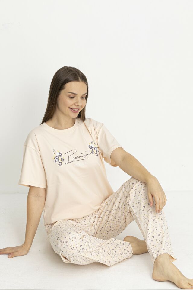Estiva Kadın Flora Alt Desenli Somon Penye Lycra Kısa Kollu Pijama Takımı