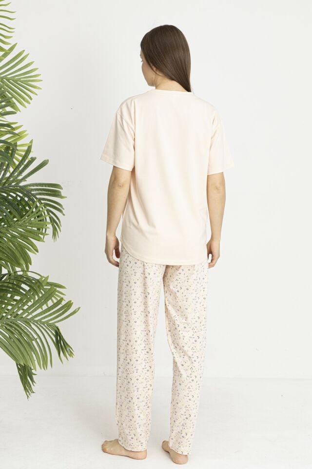 Estiva Kadın Flora Alt Desenli Somon Penye Lycra Kısa Kollu Pijama Takımı