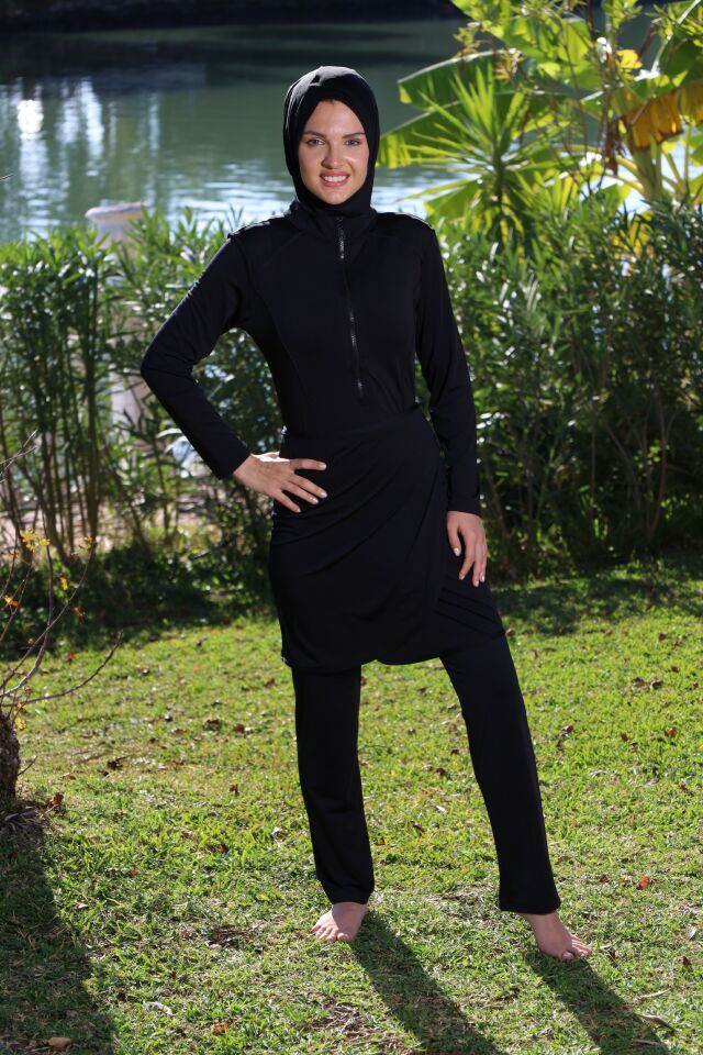 Estiva Tam Kapalı Yarım Fermuarlı Çıkarılabilir Etekli Uzun Taytlı Tesettür Mayo