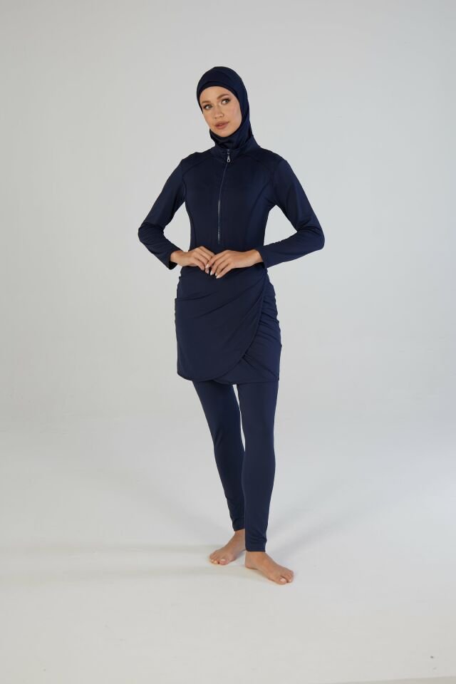 Estiva Tam Kapalı Yarım Fermuarlı Çıkarılabilir Etekli Uzun Taytlı Tesettür Mayo