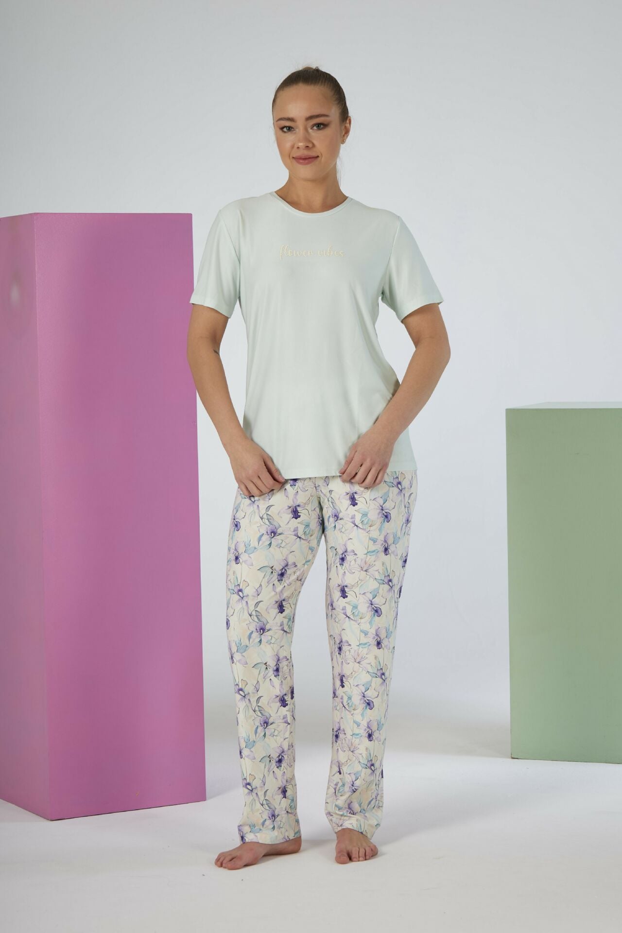 Kadın Yazlık Desenli Kısa Kollu Marla Pijama Takımı - Yeşil